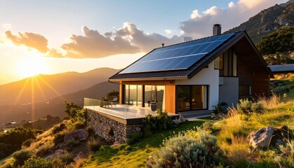 Modern house with solar panels at sunset.