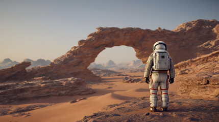 Astronaut on Mars looking at a rock formation under a clear sky AI Generated