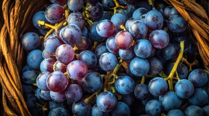 Fototapeta premium A close-up shot of a wicker basket brimming with plump, dark-colored grapes, bathed in warm, natural light. The grapes vary slightly in shade, showcasing a mix of deep purples and blues