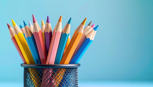 A vibrant assortment of sharpened colored pencils neatly arranged in a black mesh holder, symbolizing creativity and education against a serene blue background