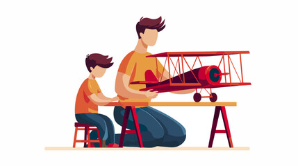 Father and son building a model airplane
