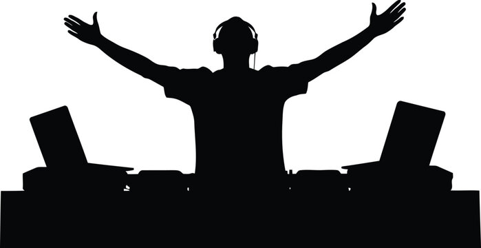 Dj silhouette energetic crowd hands up electronic music performance vector