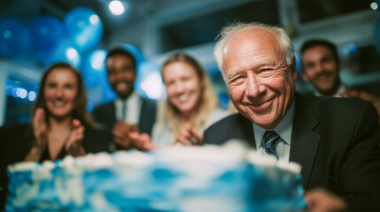 An elderly man in a suit smiles in front of a decorated cake, surrounded by friends clapping and celebrating. Blue balloons and festive decorations are visible in the background.