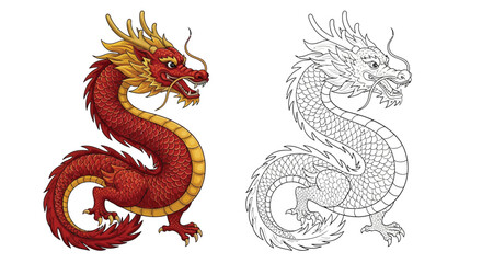 Obraz premium Powerful Traditional Chinese Dragon Character Lunar New Year Coloring Page Art