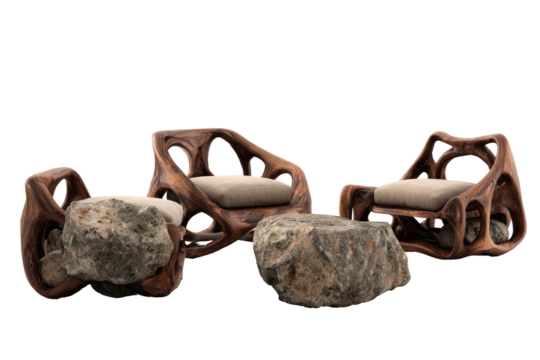 Three wooden chairs, organically sculpted, with light-colored cushions and matching rocks