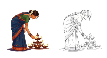 Serene Woman Lighting Diyas Diwali Lamps Coloring Page Indian Festival Tradition