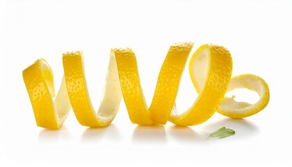 Lemon zest spiral on white background.