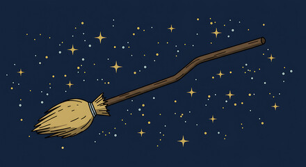 Flat witch broom outline with stars background