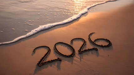 Golden hour illuminates 2026 written on the beach, a hopeful vision for the new year