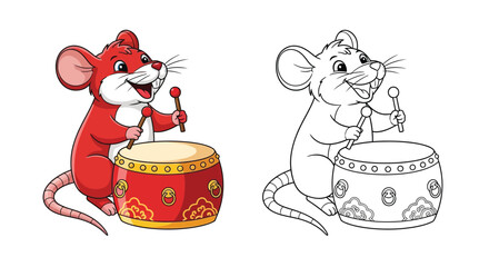 Fototapeta premium Cute Zodiac Rat Playing Chinese Drum Coloring Page Lunar New Year Holiday Activity