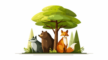 Forest animals under tree illustration