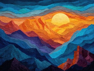 Sunrise over a textured mountain range