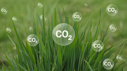 Green grass absorbing CO2 emissions, a natural carbon capture for environmental sustainability