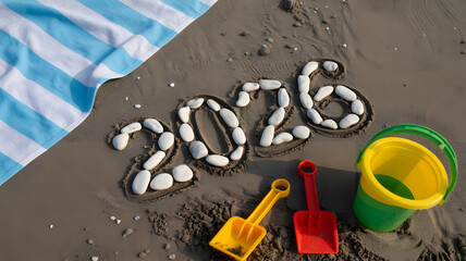 Dreaming of 2026 beach days with buckets and shovels, towel, and sandcastles, summer fun with kids