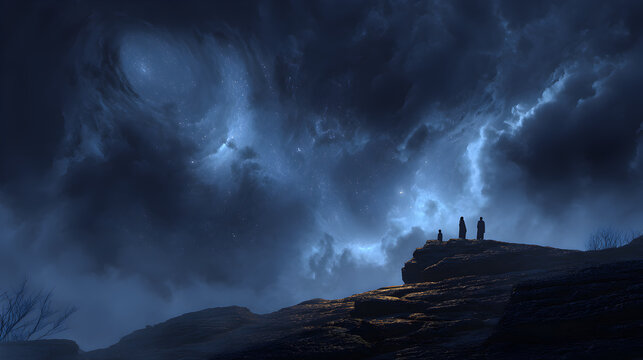 Mysterious figures gather on a rocky cliff under a dramatic, starry night sky filled with swirling celestial clouds and ethereal light.