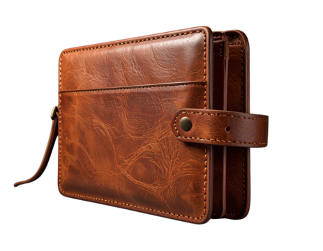  Brown leather wallet with strap isolated on transparent background PNG