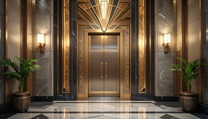 Luxurious elevator lobby with art deco style.