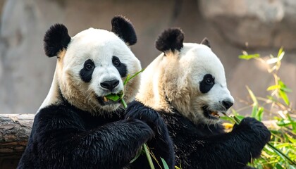 Obraz premium Two giant pandas are happily munching on bamboo stalks in their enclosure.