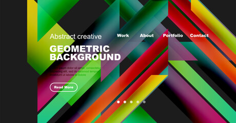 Vibrant geometric background design. Website header features colorful triangles, text, navigation options, plus button. Modern aesthetic.