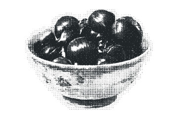 Bowl of dark fruit with halftone dots texture. Vector hand drawn illustration