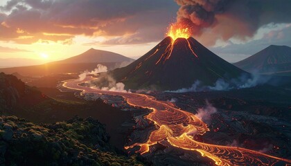 Volcano erupting with lava flow at sunset.