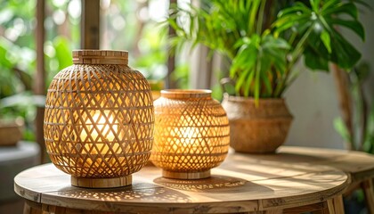 Bamboo lamps on table with green plants, and bright light.