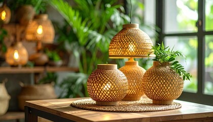 Woven lamps  decor on a wooden table.