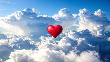 Red heart floating among fluffy clouds.