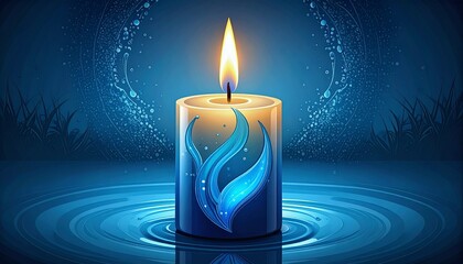 Burning candle in water with blue background.