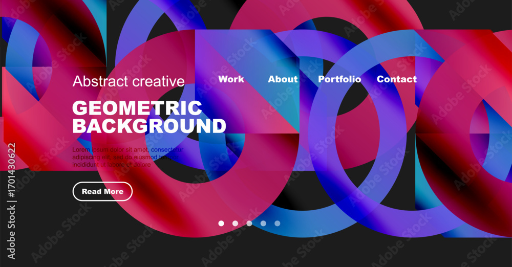 Poster vibrant abstract design features overlapping colorful circles. website header includes navigation op