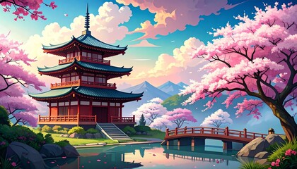 Japanese Pagoda with cherry blossoms.