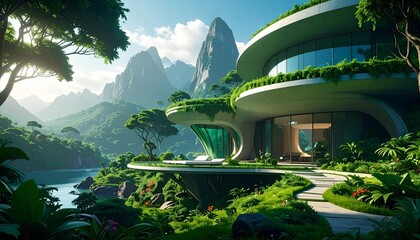Modern ecohouse in scenic green landscape.
