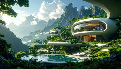 Futuristic ecoresort in mountain landscape.