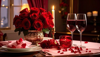 Romantic dinner table setup with roses.