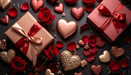 Valentines gifts with hearts, roses, and black background.