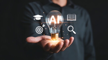 Artificial intelligence concept with a lightbulb and icons in hand, symbolizing AI education