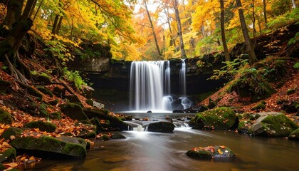 Waterfall in autumn forest scene.