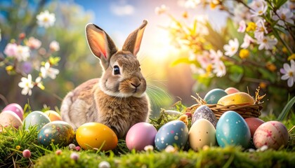 Easter Bunny with colorful eggs in garden.