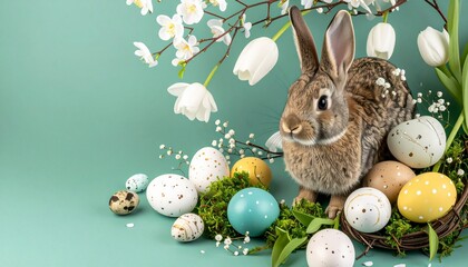 Easter bunny with eggs and spring decor.