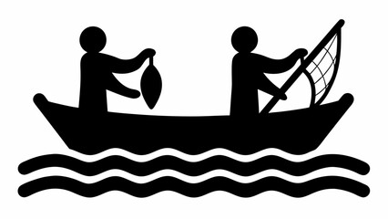 Illustration of two stick figures in a boat on wavy water one holding a net and the other a fish bag silhouette