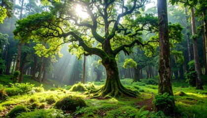 Forest scene with large oak tree, and sunlight.