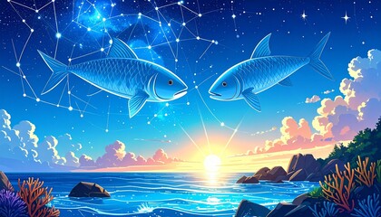 Two fish under constellations at sunset with ocean background.