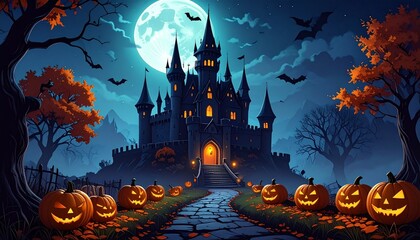 Spooky castle at night with glowing pumpkins.