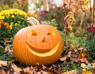 Carved Halloween Pumpkin Smiling in Garden with Autumn Season.