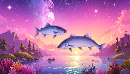 Two fish swimming in a surreal lake at sunset.