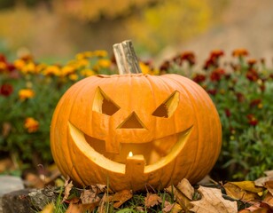 Carved Halloween Pumpkin With Candle and Autumn Garden Background.