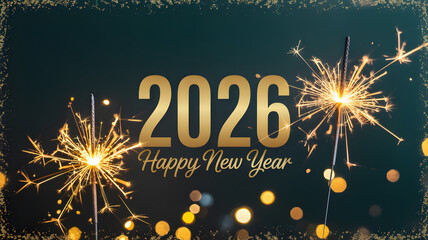 Sparkling 2026 New Year celebration with festive golden sparklers and bokeh lights for a joyful holiday