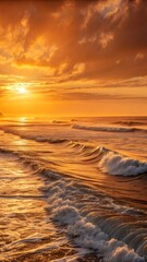 Obraz premium Golden Sunset Over Ocean Waves Crashing On Shore With Dramatic Sky Clouds And Scenic Seascape Nature Landscape View