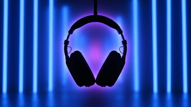 Professional Headphones Silhouetted Against a Dynamic Background of Glowing Blue Neon Light Tubes. - Powered by Adobe