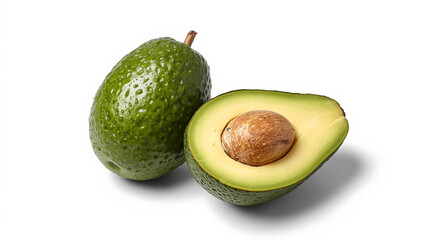 Fresh whole avocado and a halved avocado with seed on white background, showing vibrant green texture and healthy tropical fruit